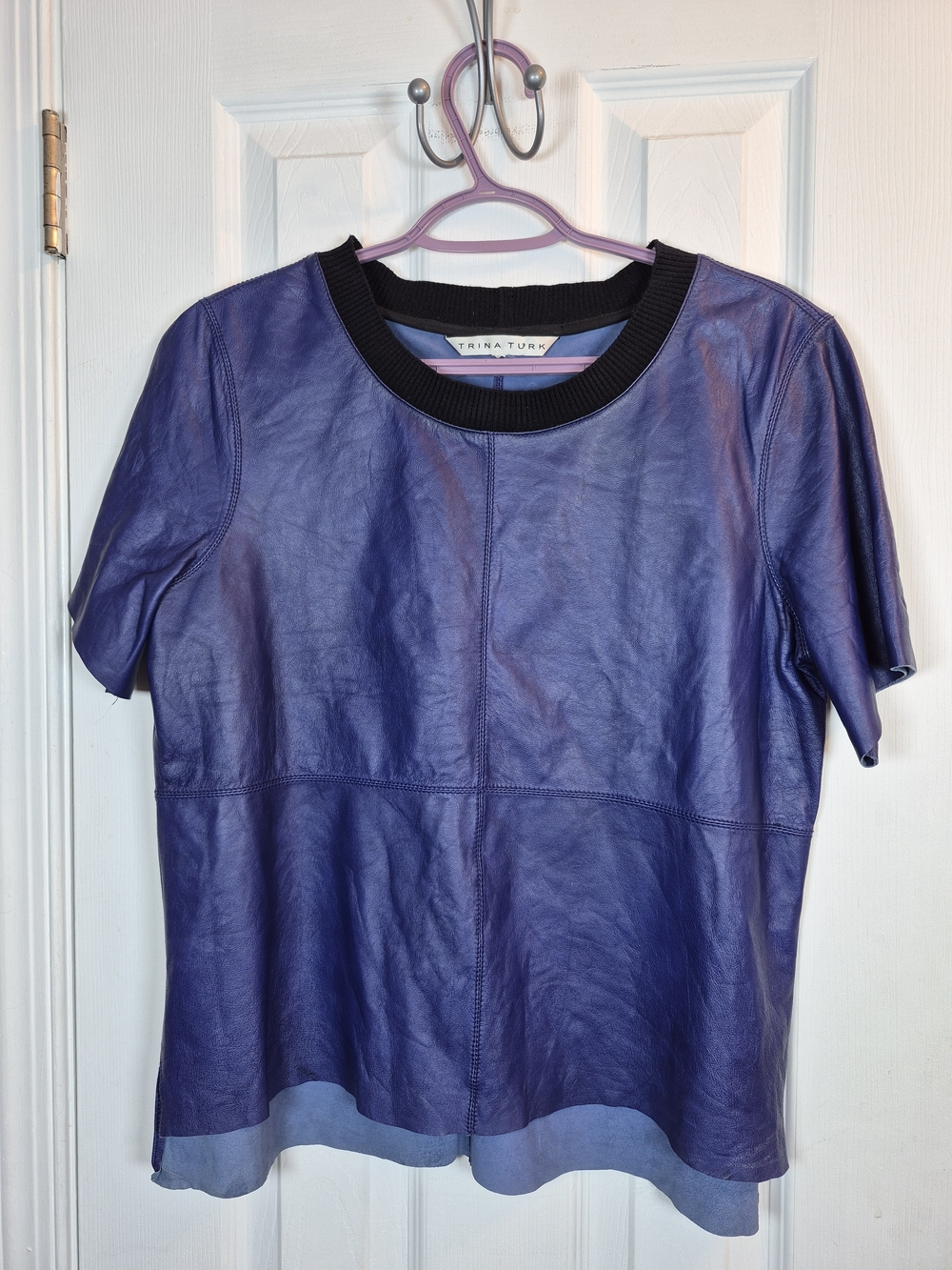 Trina Turk Real Leather Top Royal Blue Suede Trim Short Sleeve Tee Medium